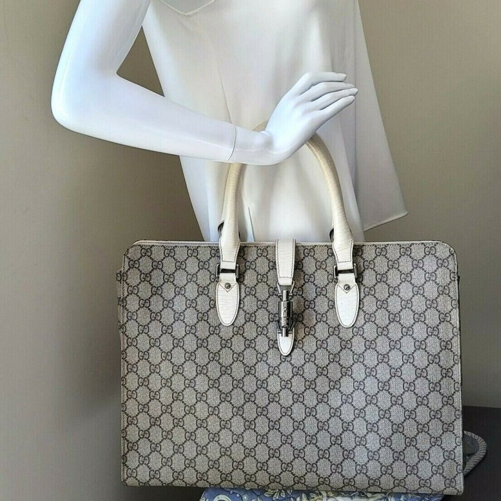 Gucci Jackie GG Supreme Canvas Ivory Leather Large Tote Computer Hand Bag Auth - Picture 9 of 12